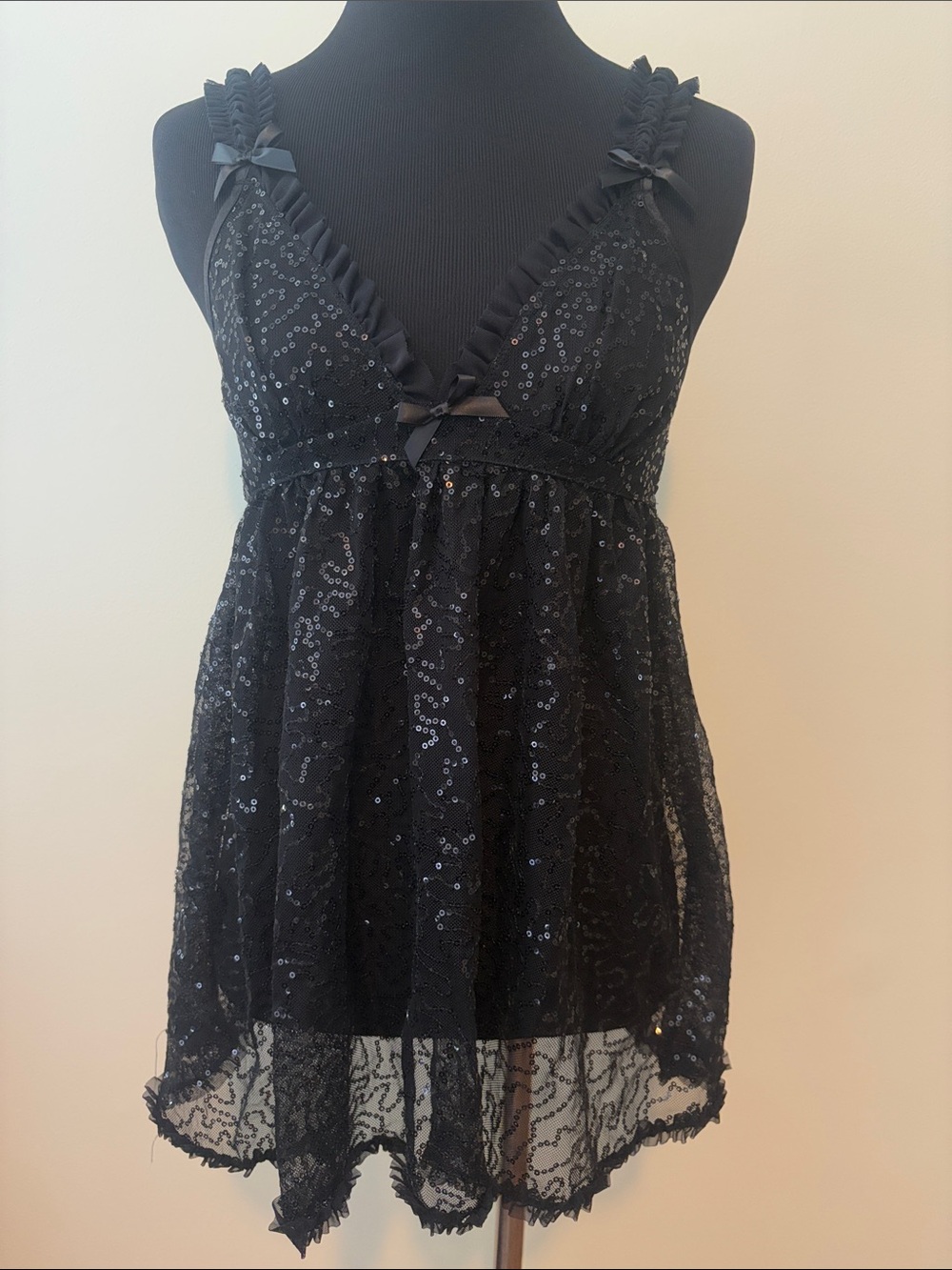 Vintage Victoria’s Secret Sexy Little Things Black Sequin Lace Babydoll Size S